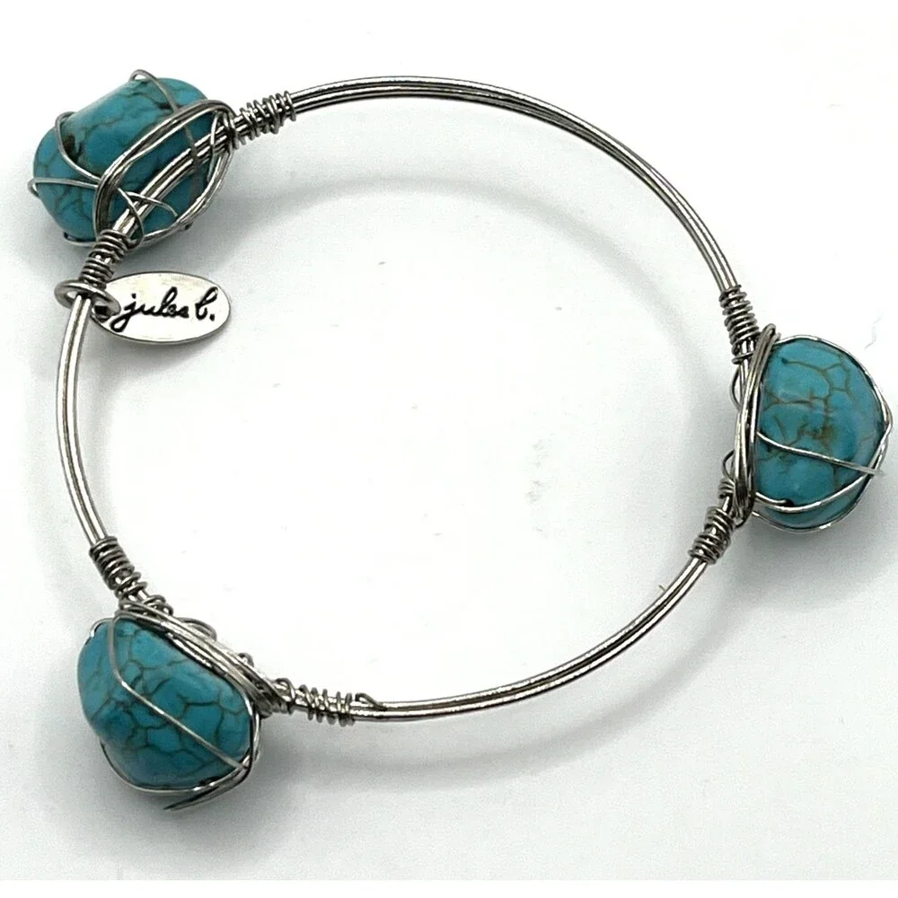 Jules C Turquoise Look Wire Wrapped Bangle Bracelet Boho Artisan Silver Tone